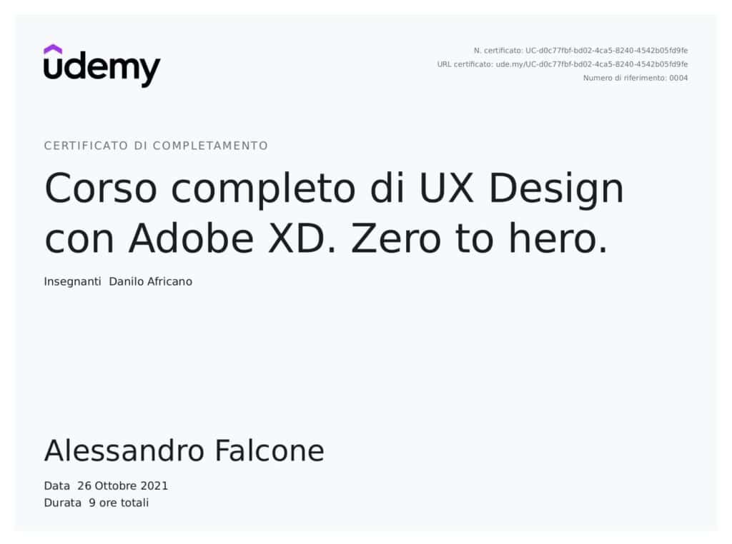 certificato Udemy corso UX Design con Adobe XD