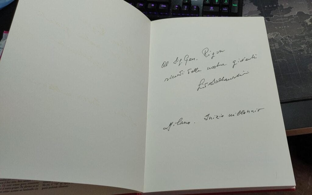 la dedica autografa di Lido Saltamartini al gen. Rigon