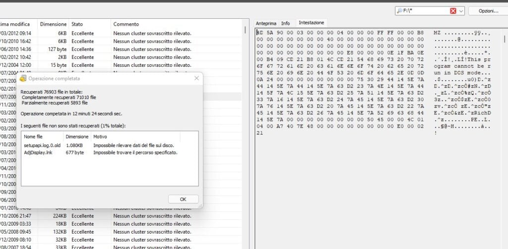 una schermata del software di recupero dati