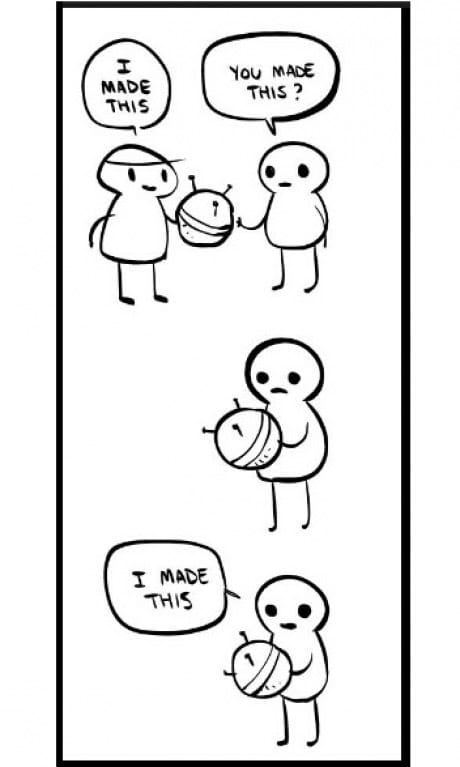 vignetta con omino che dà all'altro una palla dicendo "l'ho fatto io" il secondo, da solo con la palla dice anche lui "l'ho fatto io"