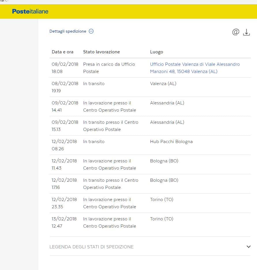 screenshot con il percorso della spedizione