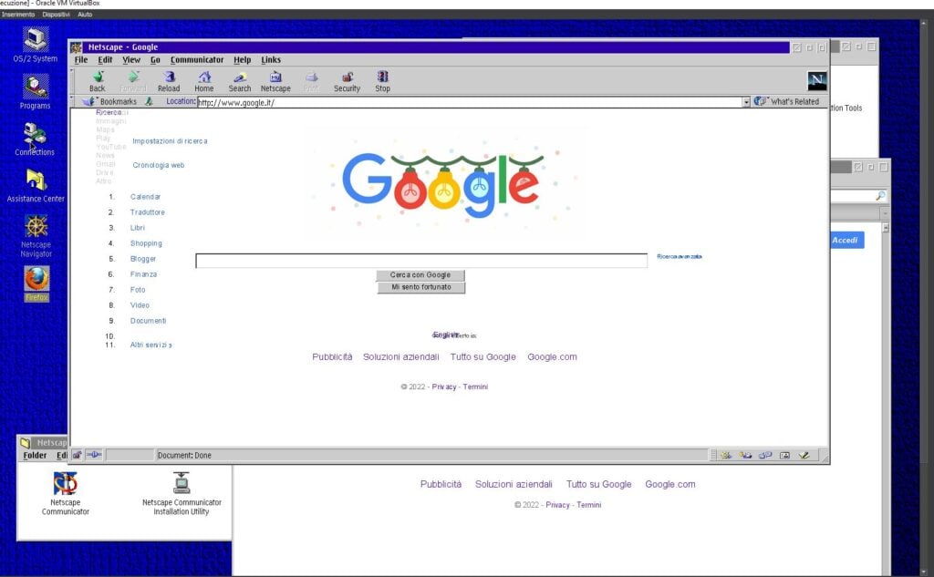 Il desktop di OS/2 Warp con il browser Netscape aperto su Google